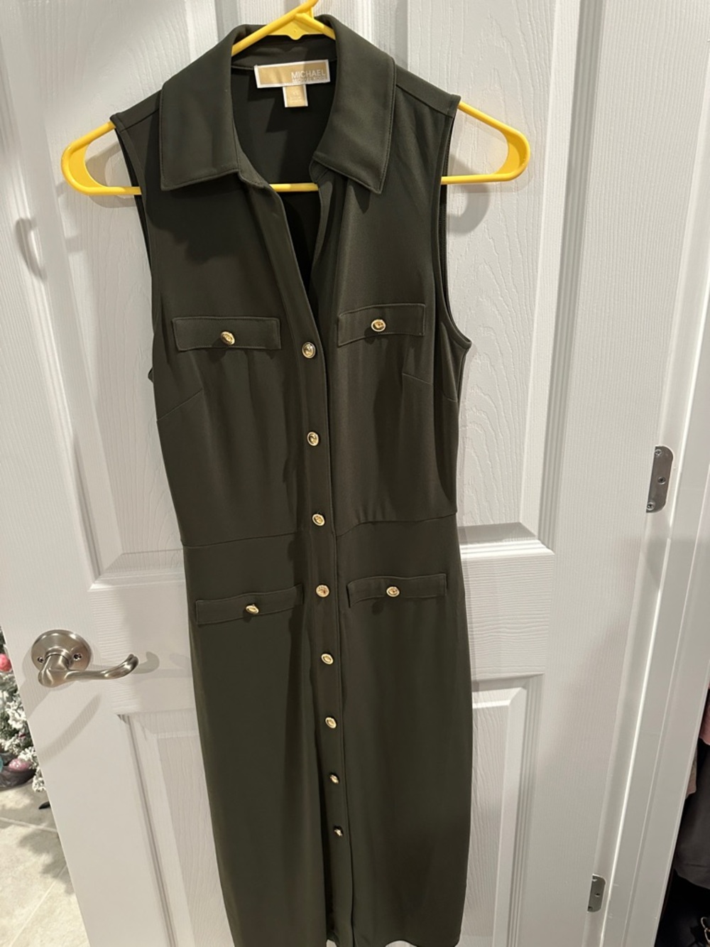 MICHAEL Michael Kors Olive Green Sleeveless Button-Front Dress with Gold Buttons